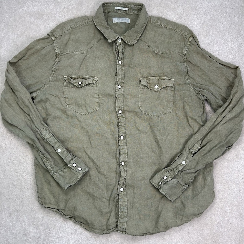 Lucky Brand Linen Pearl Snap Button Up Shirt Mens XL Western Work Longsleeve